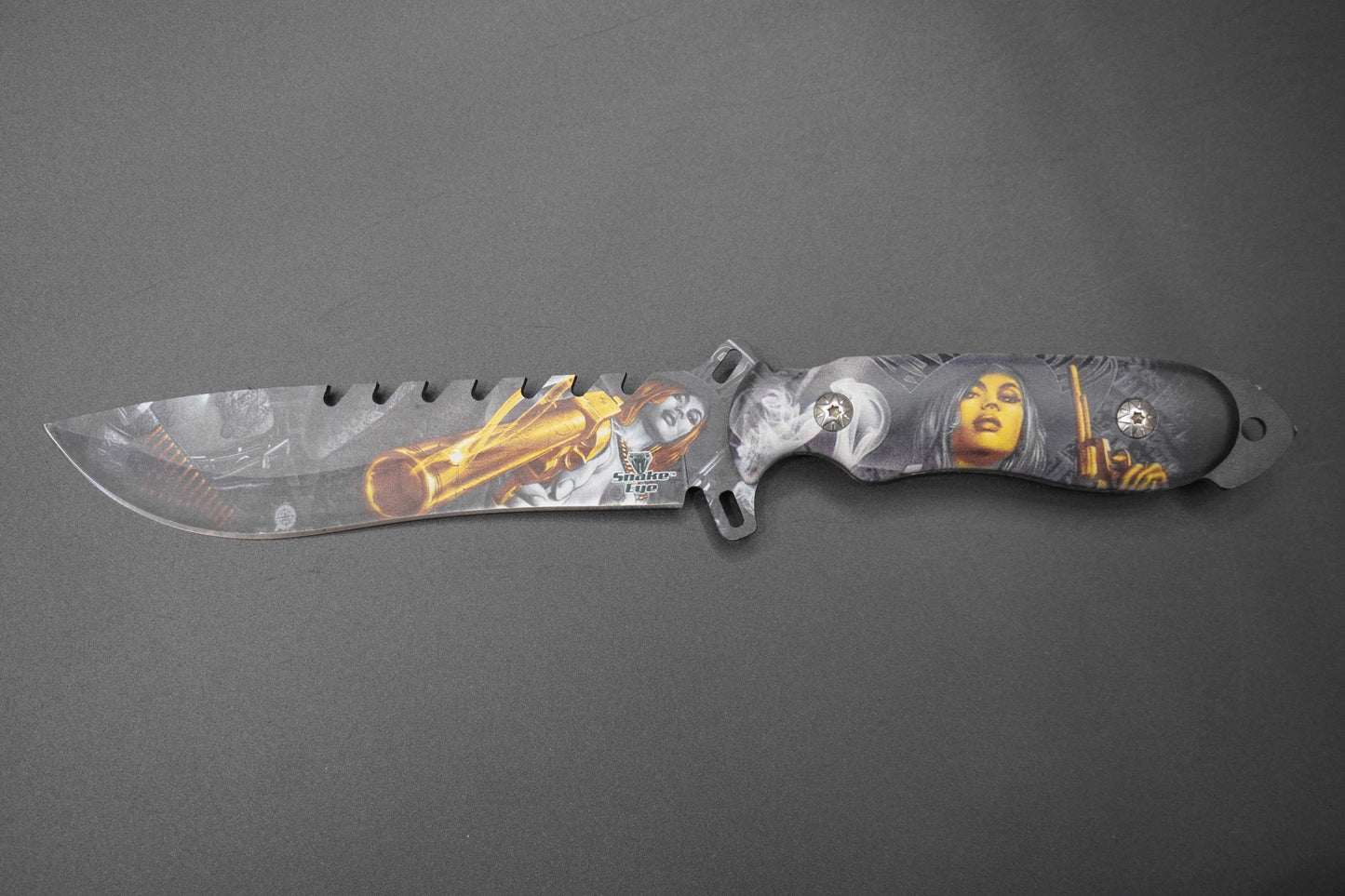 Decorative knife with artistic blade design on a gray background