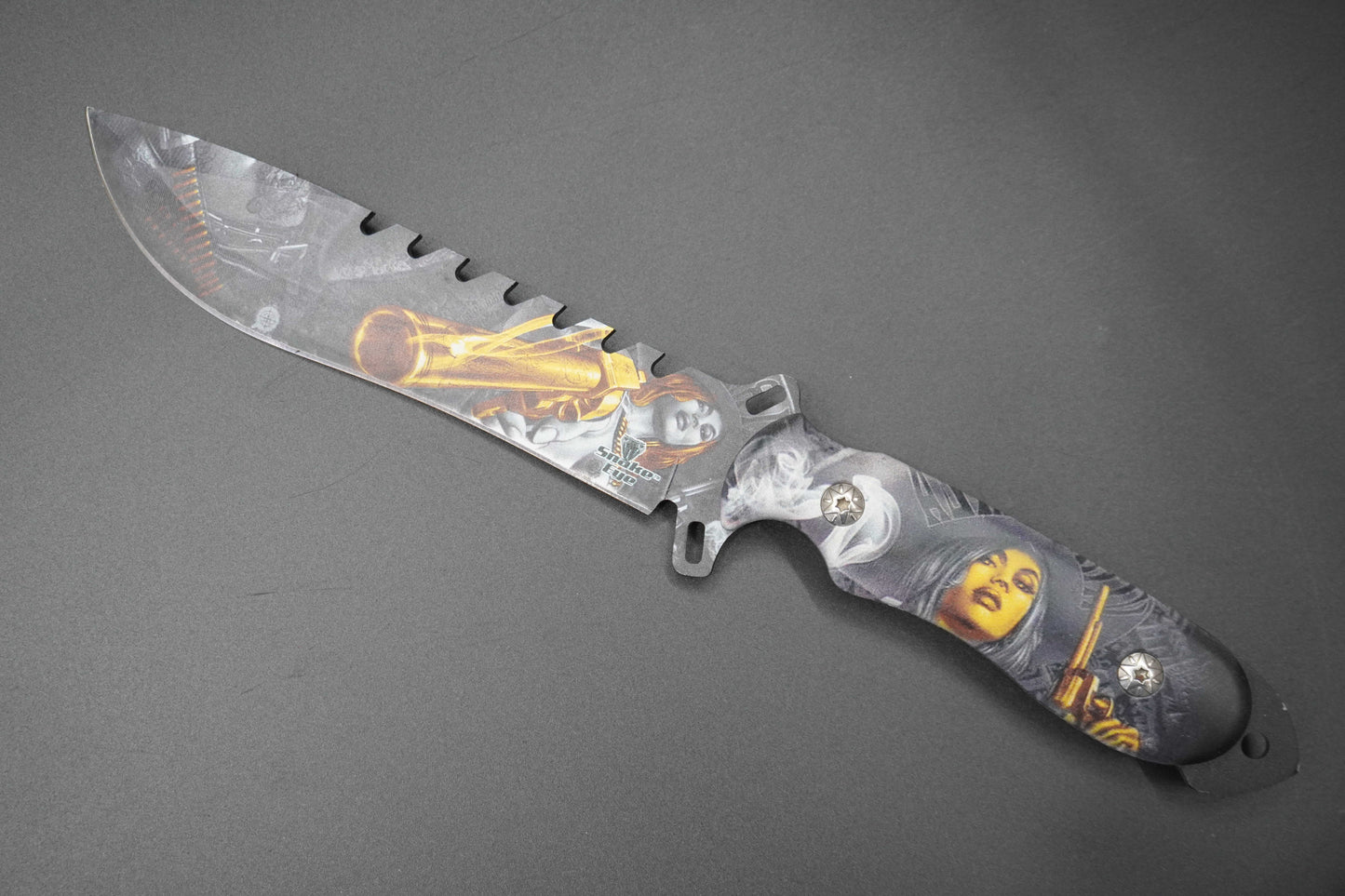 Decorative knife with artistic handle design on a dark background