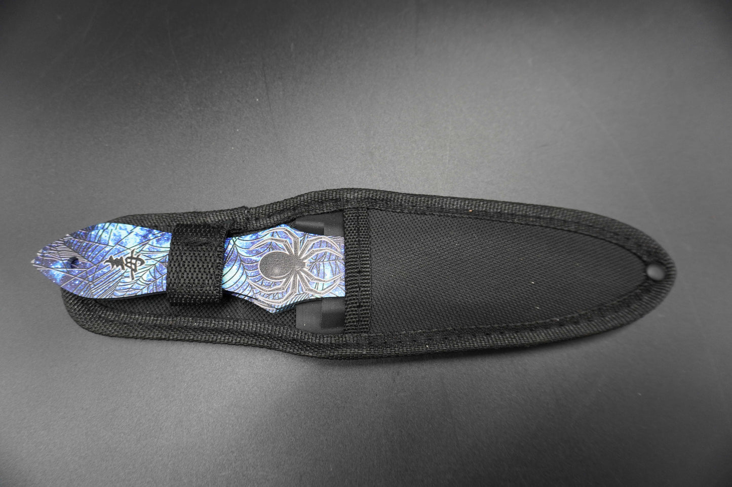 Black sheath with decorative metal clip on a gray background