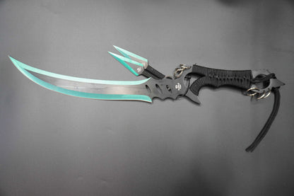Futuristic sword with a black and gray handle and green blade on a gray background