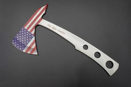 Axes with American Flag Blade and Engraved Text on a Dark Background