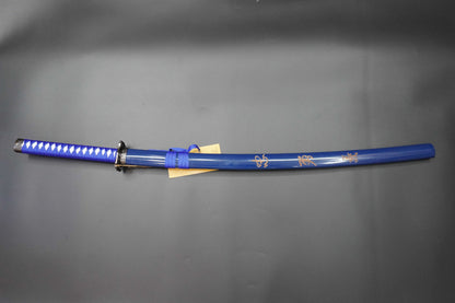 Blue sword with decorative patterns on a gray background