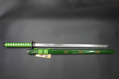 Green sword with a black handle on a gray background