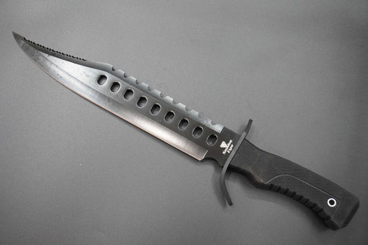 Long knife with a black handle on a gray background