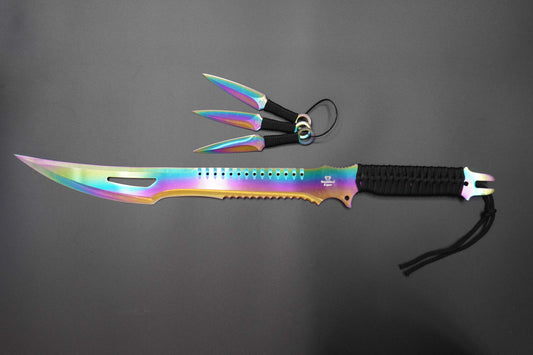 Multicolored knife with black handle on a gray background