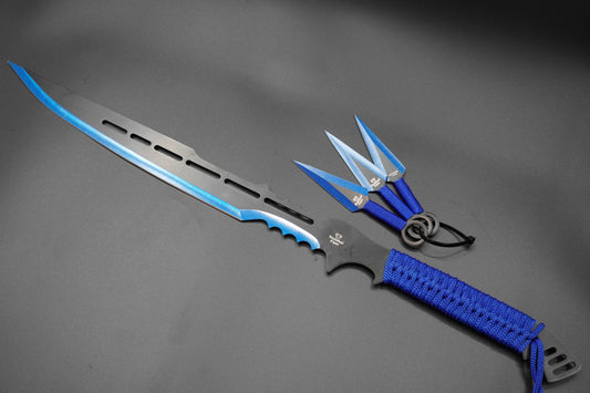 Ninja Sword and Kunai Blue Set | Fixed Blade with 3 Throwing Knives Set