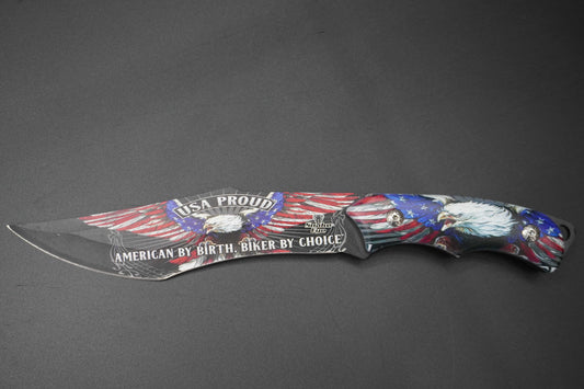 Decorative knife with American flag design and text on a gray background