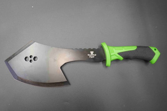 Weapon with a green handle on a gray background

